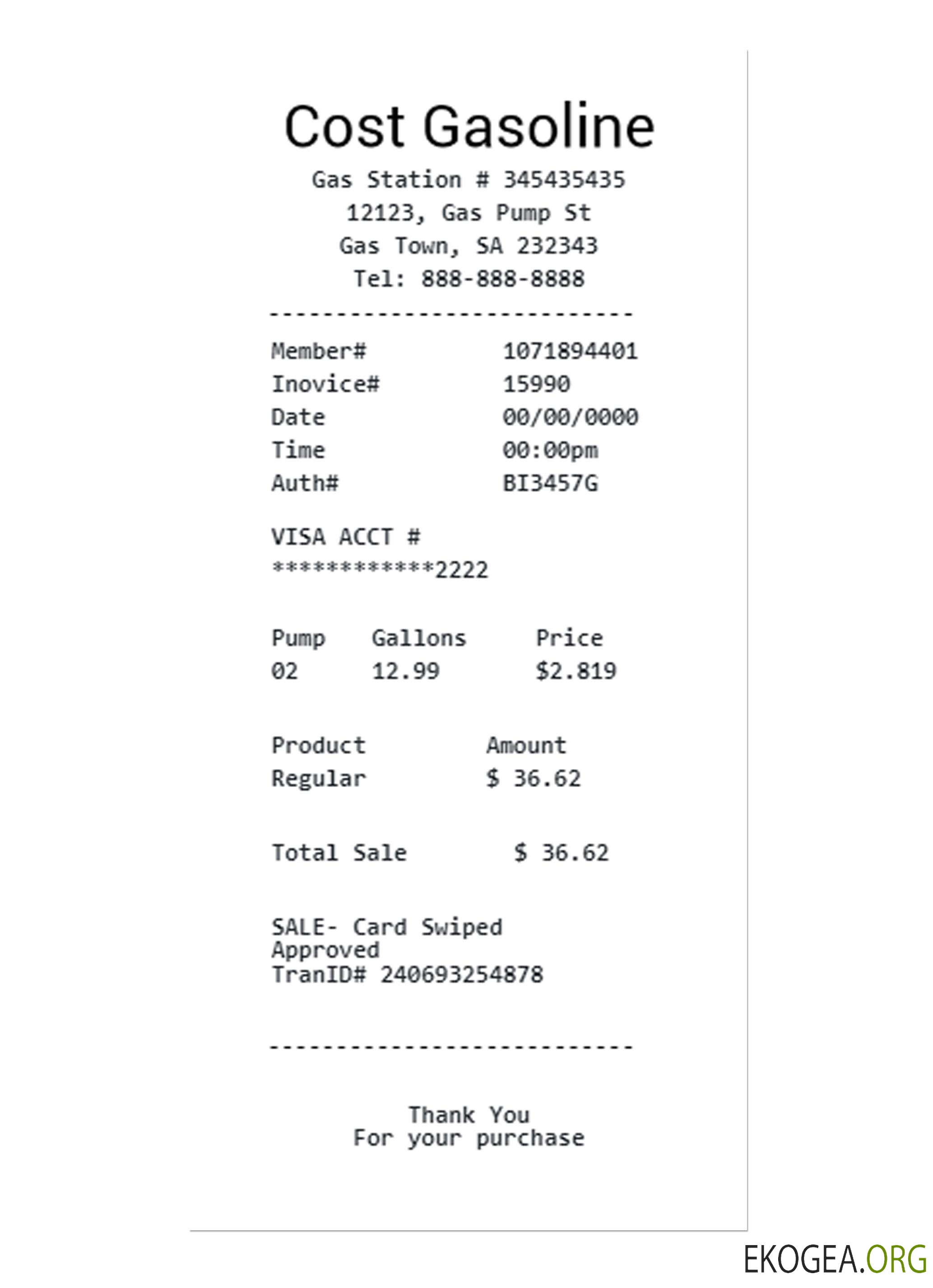 Modèle de chèque de paiement COST GASOLINE
